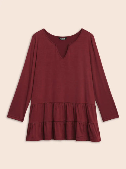 Notched Ruffle Layered Hem T-Shirt