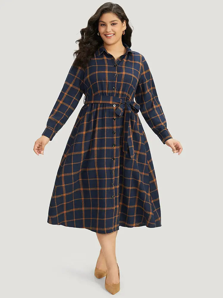 Plaid Shirt Collar Button Fly Belted Dress