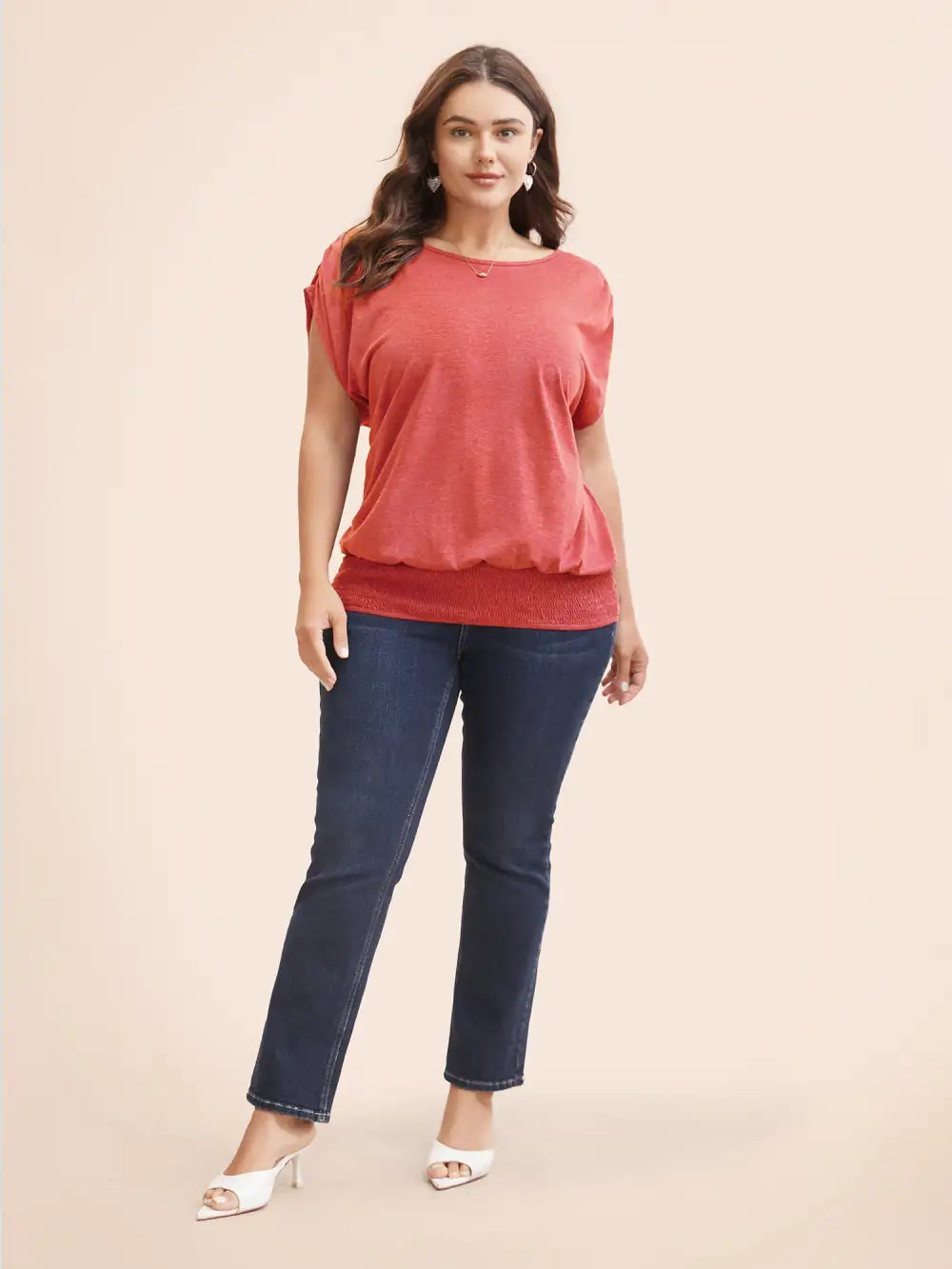 Solid Ruched Batwing Sleeve Shirred Hem T-Shirt