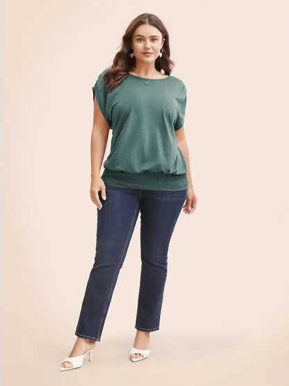 Solid Ruched Batwing Sleeve Shirred Hem T-Shirt