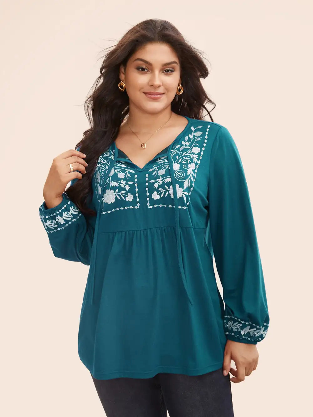 Floral Embroidered Knot Neck Lantern Sleeve T-Shirt