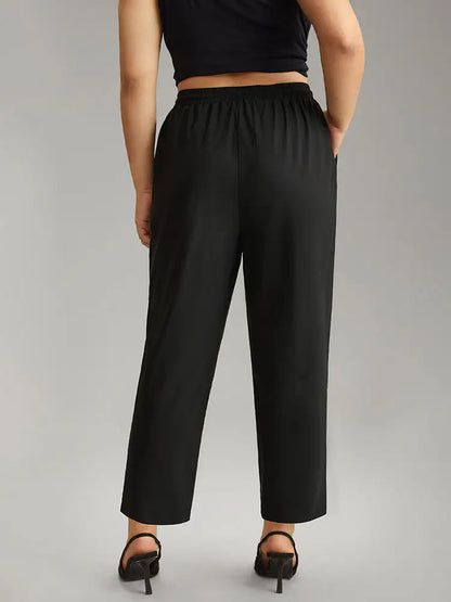 Solid Drawstring Pocket Elastic Waist Pants