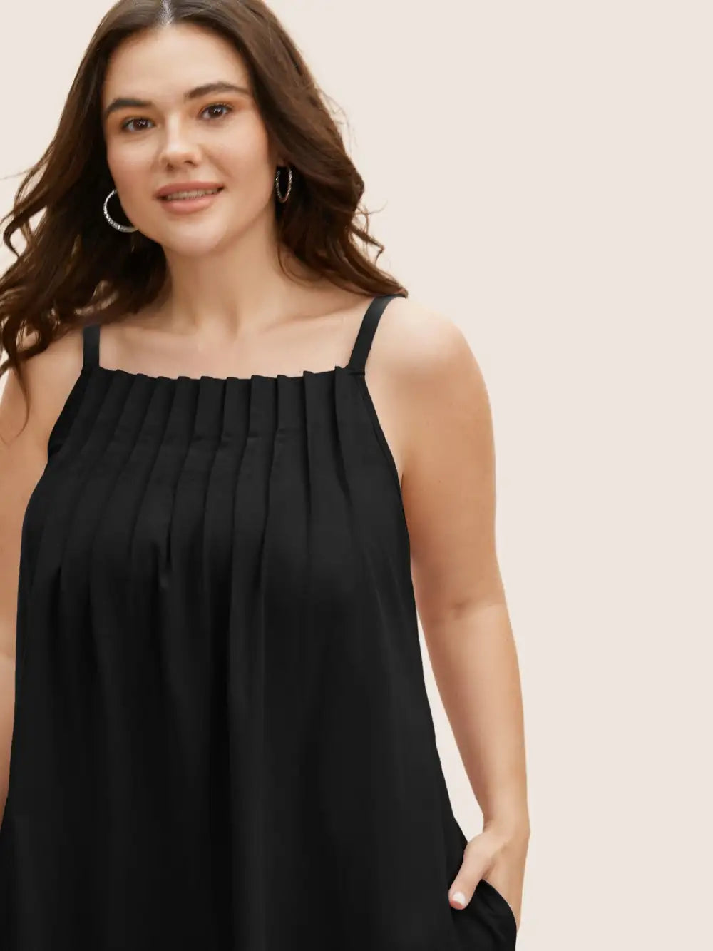 Cotton Plain Pleated Loose Fit Cami Dress