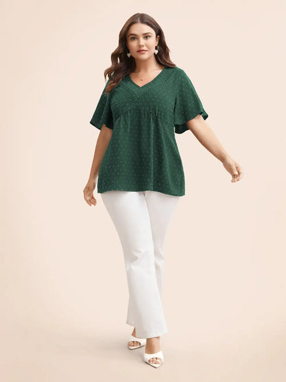 Polka Dot Frill Trim V Neck Flutter Blouse