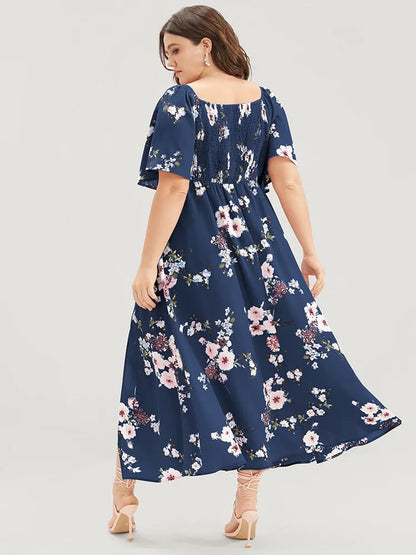 Floral Square Neck Ruffles Pocket Shirred Split Dress