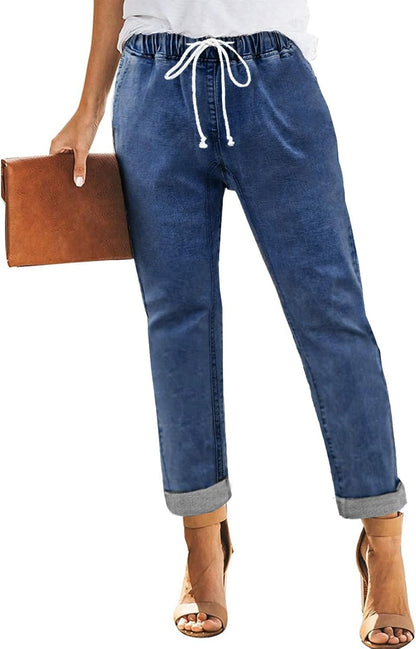 Womens Casual Denim Jeans Pull-on Stretch Jeans Elastic Waist Jean Denim Drawstring Joggers Pants