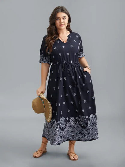 Floral Waist-Tie Notched Collar Midi Dress