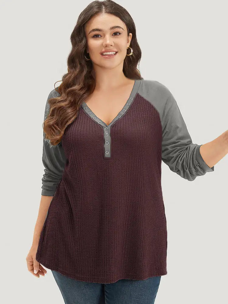 Waffle Knit Raglan Sleeve Metal Buckle Detail T-Shirt