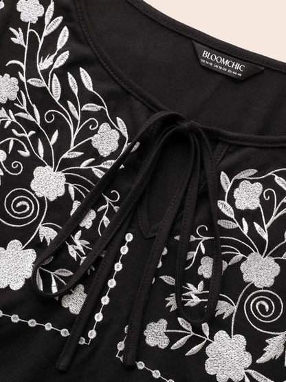 Floral Embroidered Knot Neck Lantern Sleeve T-Shirt