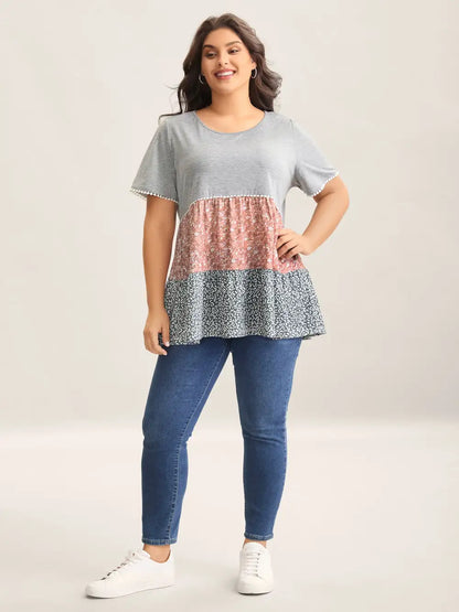 Ditsy Floral Print Patchwork Layered T-Shirt