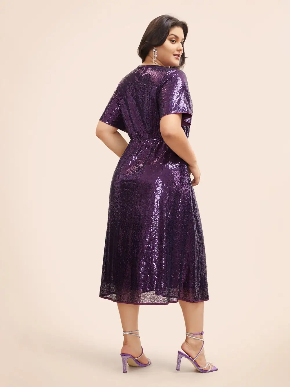 Sequin Overlap Collar Ruffle Sleeve Dress