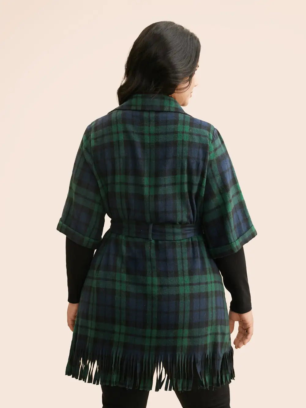 Plaid Tassel Trim Pocket Belted Jacket