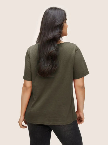 Plain V Neck Lace Panel T-Shirt