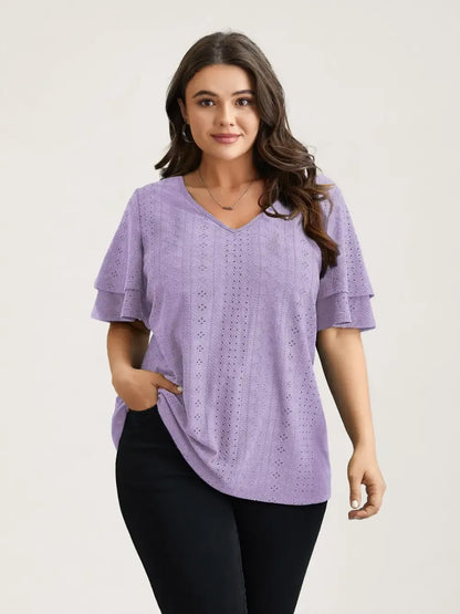 Jacquard Textured Lotus Leaf Sleeve Top