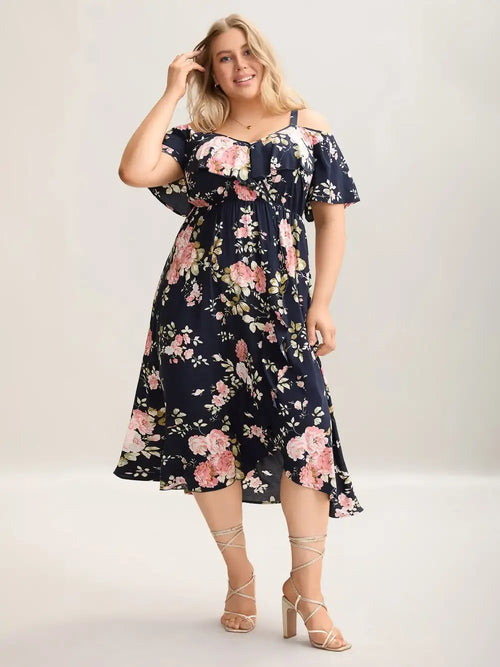 Ruffled Neck Off-Shoulder Floral Midi Dress
