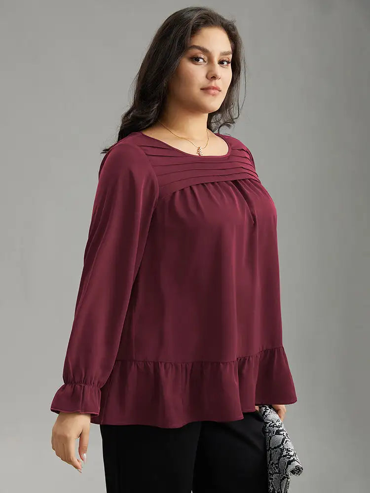 Static-Free Plain Pleated Ruffles Lantern Sleeve Blouse