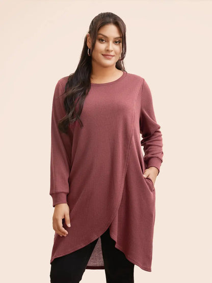 Solid Waffle Knit Overlap Hem T-Shirt