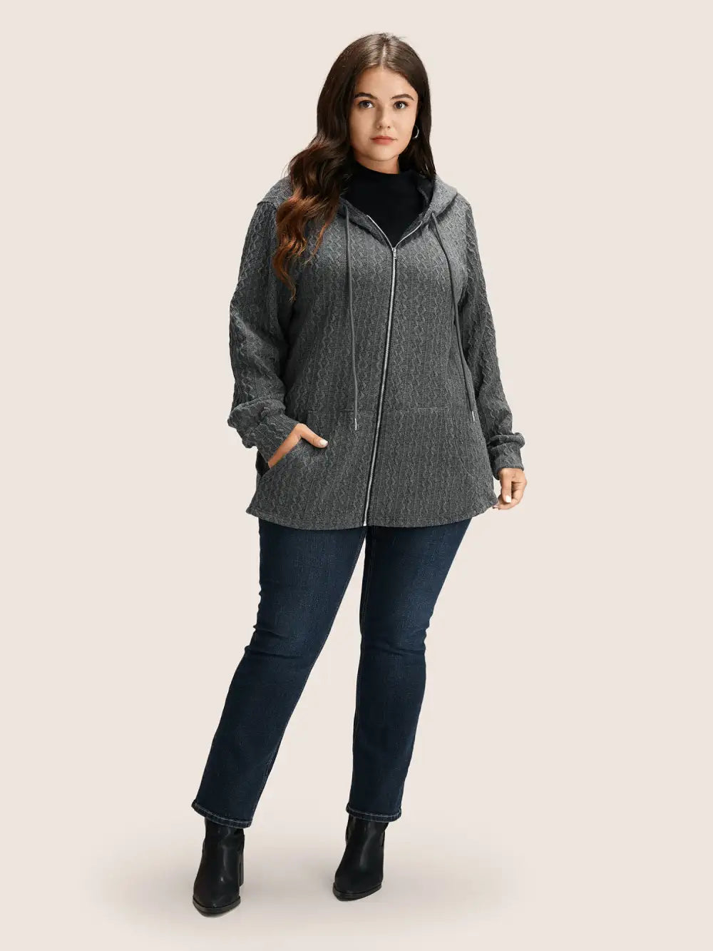 Plain Textured Zipper Hooded Sweatshirt