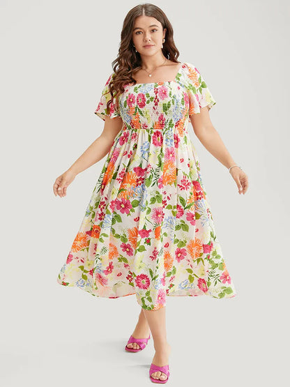 Floral Backless Shirred Square Neck Pocket Ruffle Hem Dress