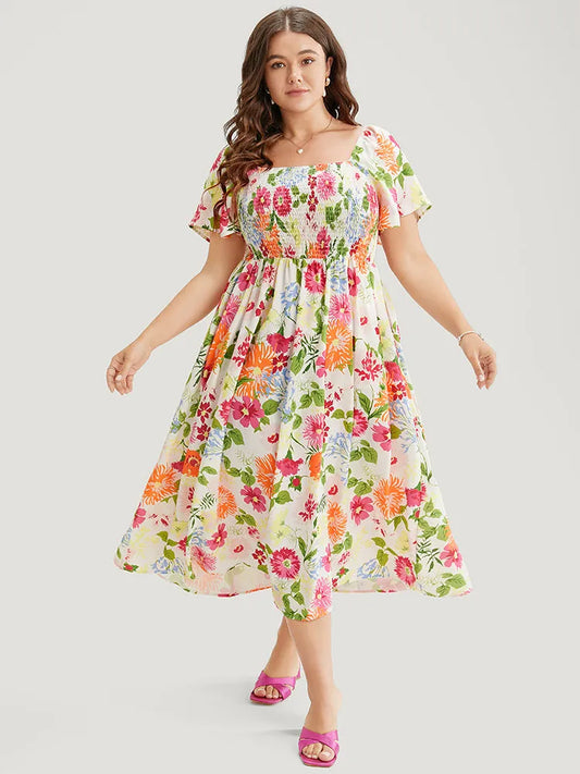 Floral Backless Shirred Square Neck Pocket Ruffle Hem Dress
