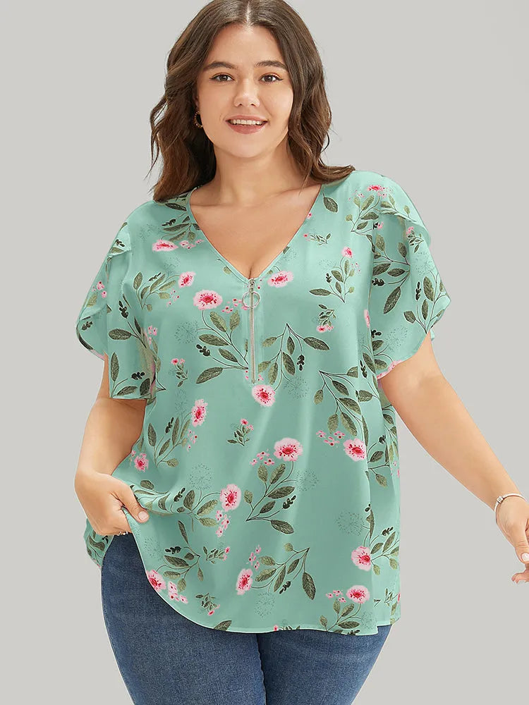 Floral O Ring Zipper Split Petal Sleeve Blouse