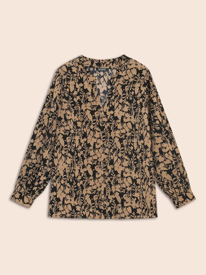 Silhouette Floral Print Notched Frill Trim Blouse