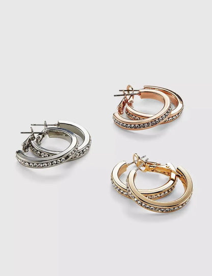 Pave Stone Hoop Earrings 3-Pack - Tri-Tone