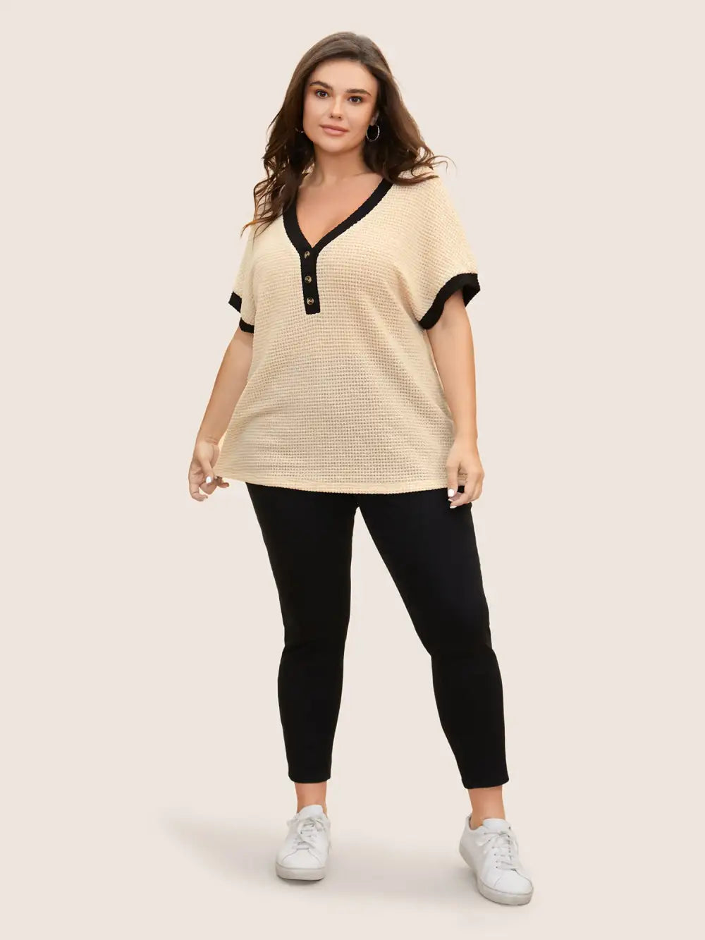 V Neck Contrast Button Detail Knit T-Shirt