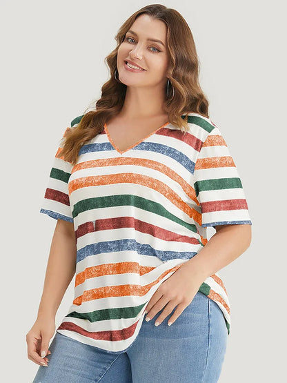 Striped Contrast V Neck T-shirt