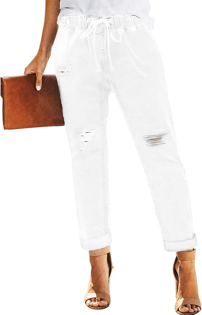 Womens Casual Denim Jeans Pull-on Stretch Jeans Elastic Waist Jean Denim Drawstring Joggers Pants