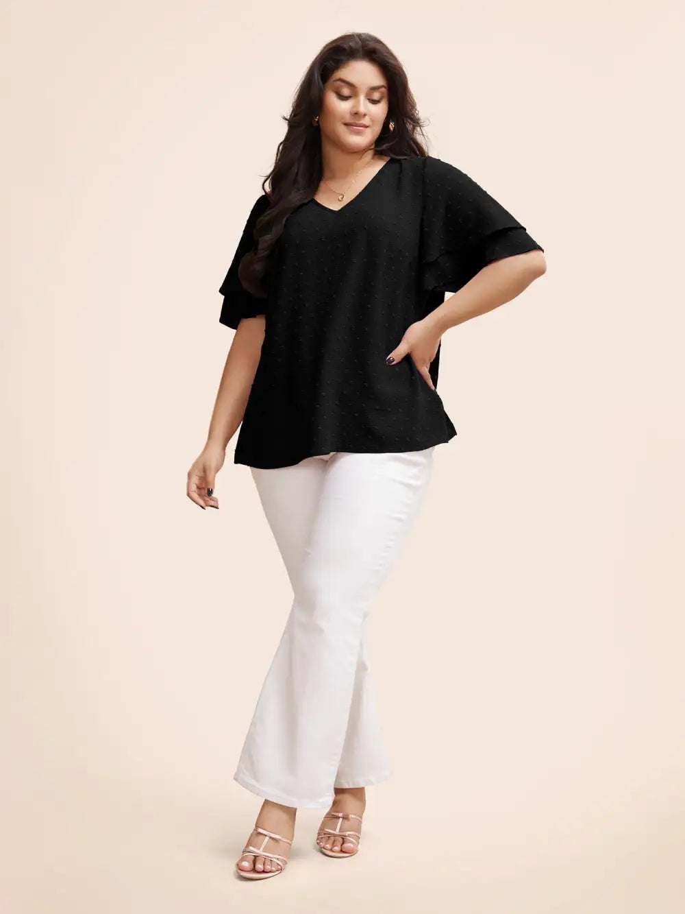 Plain Ruffle Tiered Sleeve V Neck Polka Dot Blouse