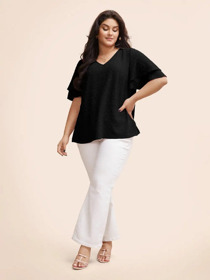 Plain Ruffle Tiered Sleeve V Neck Polka Dot Blouse