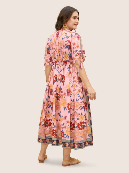 Boho Print V Neck Drawstring Dress