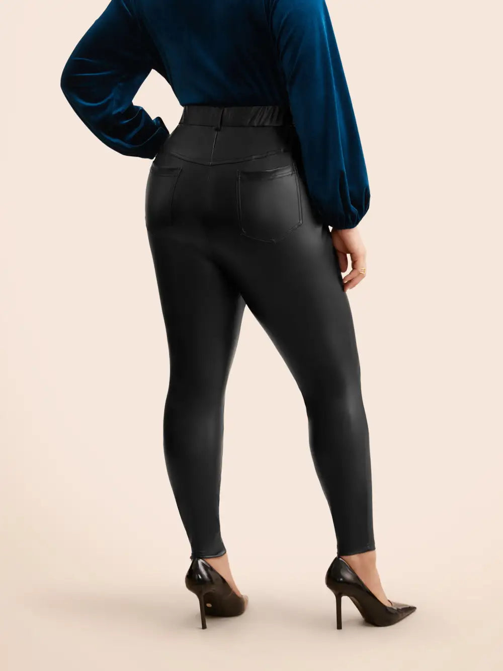 Pu Leather Button Detail Mid Rise Pants