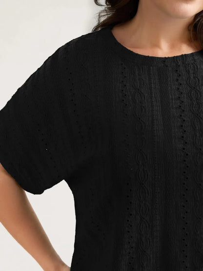 Eyelet Trim Stretchy Textured Plain Top