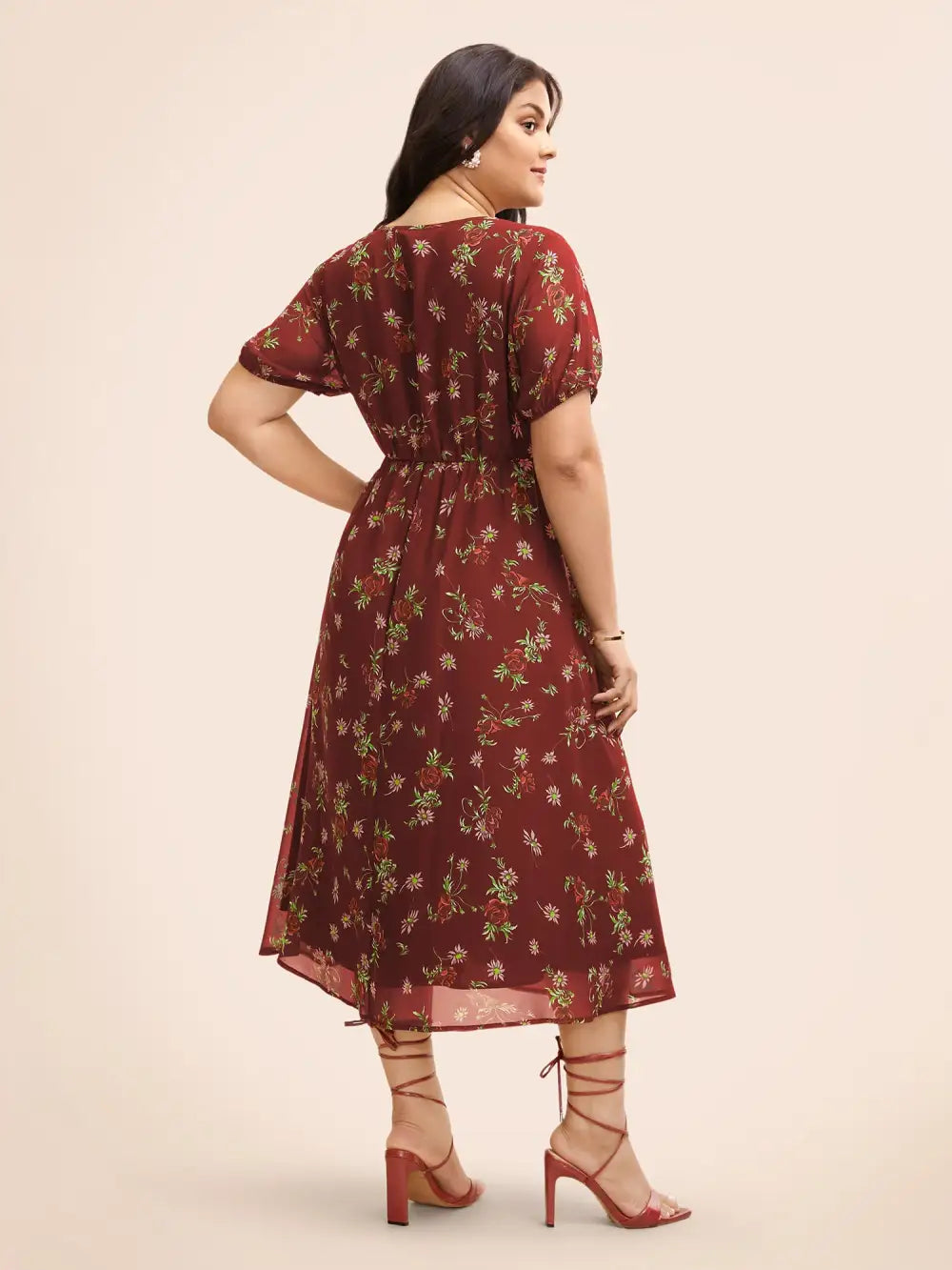 Floral Notched Chiffon Mesh Midi Dress