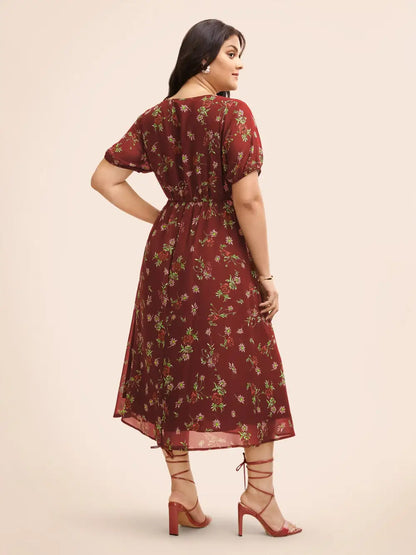 Floral Notched Chiffon Mesh Midi Dress