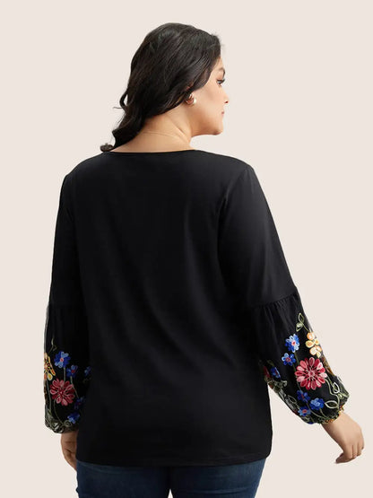 Floral Embroidered Lantern Sleeve T-Shirt