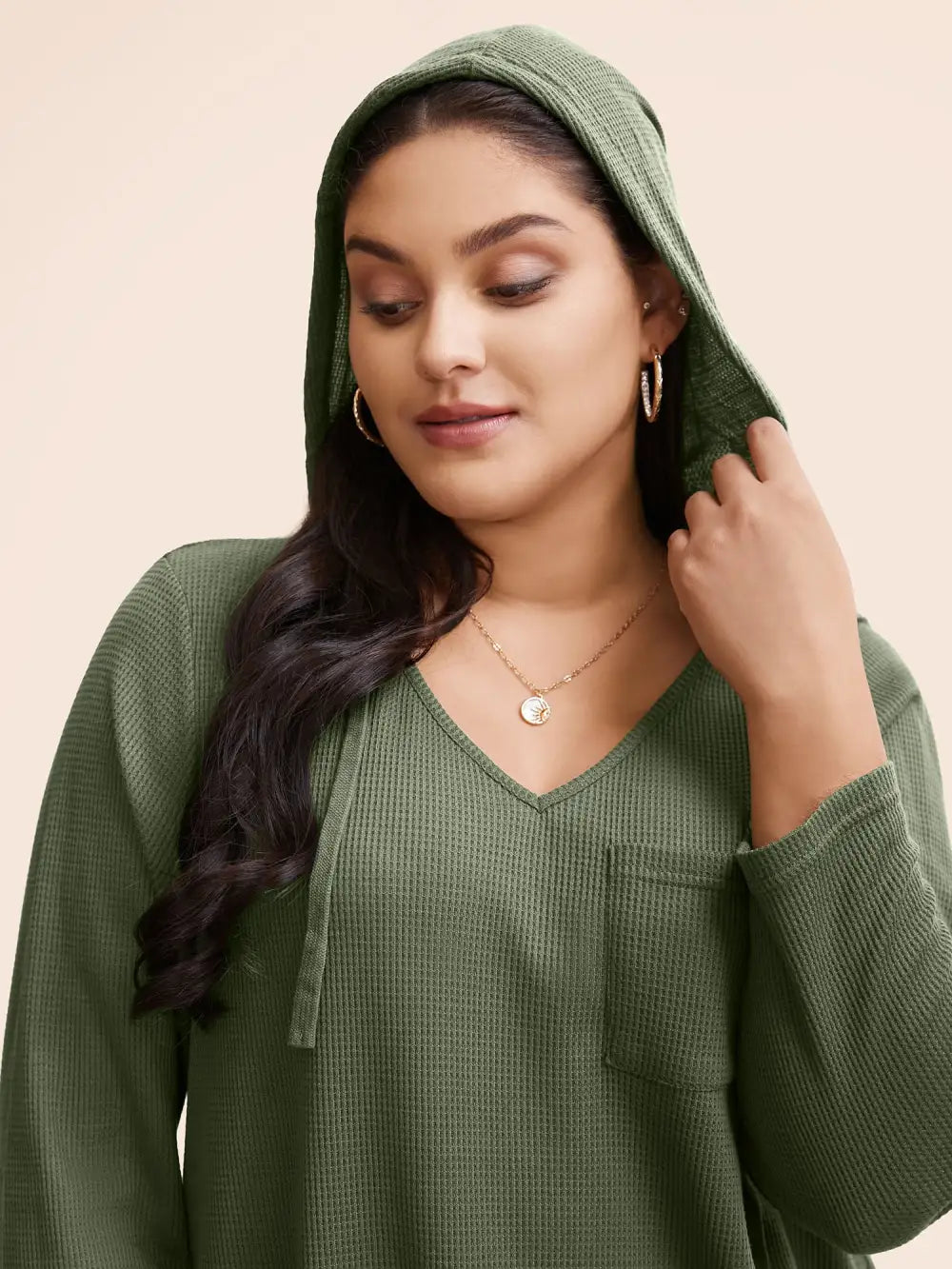 Waffle Knit Pocket Hooded Drawstring Arc Hem T-Shirt