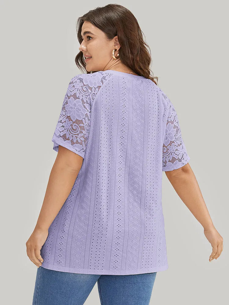 Solid Broderie Anglaise Lace Raglan Sleeve T-shirt