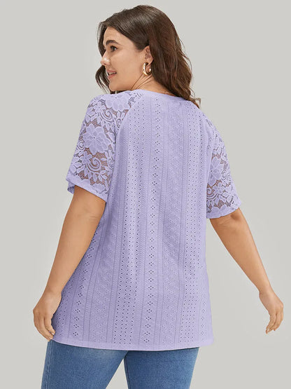 Solid Broderie Anglaise Lace Raglan Sleeve T-shirt