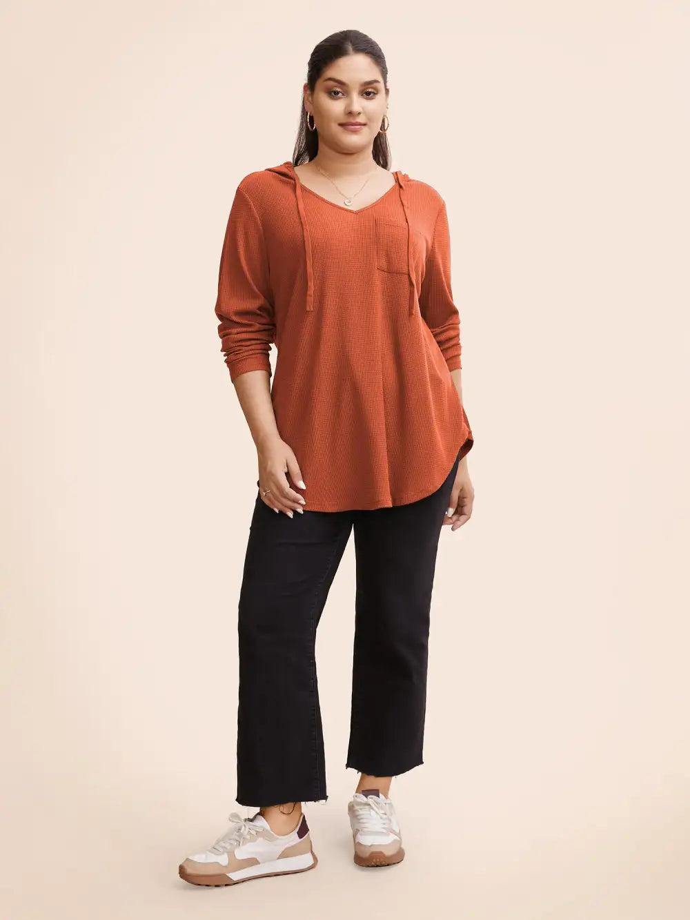 Waffle Knit Pocket Hooded Drawstring Arc Hem T-Shirt