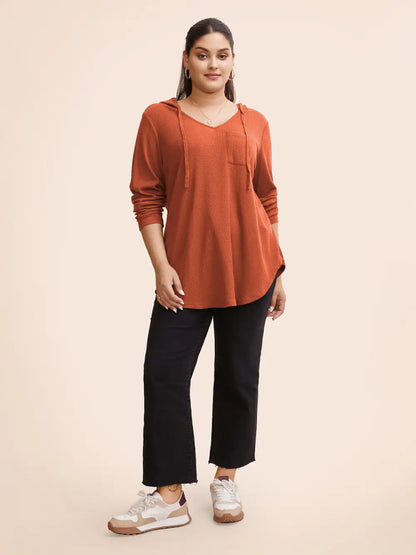 Waffle Knit Pocket Hooded Drawstring Arc Hem T-Shirt