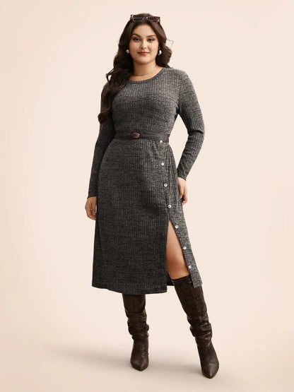 Crew Neck Button Detail Split Hem Dress
