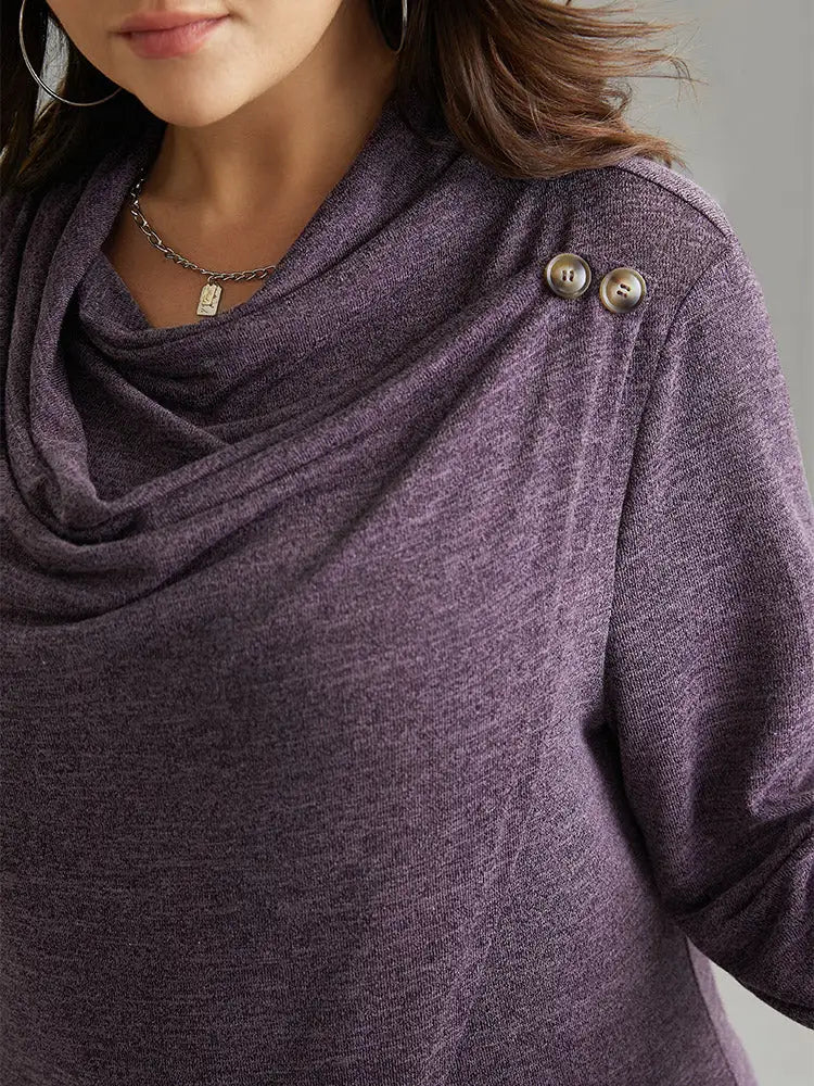 Plain Heather Cowl Neck Button Detail Sweatshirt