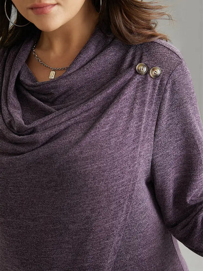 Plain Heather Cowl Neck Button Detail Sweatshirt