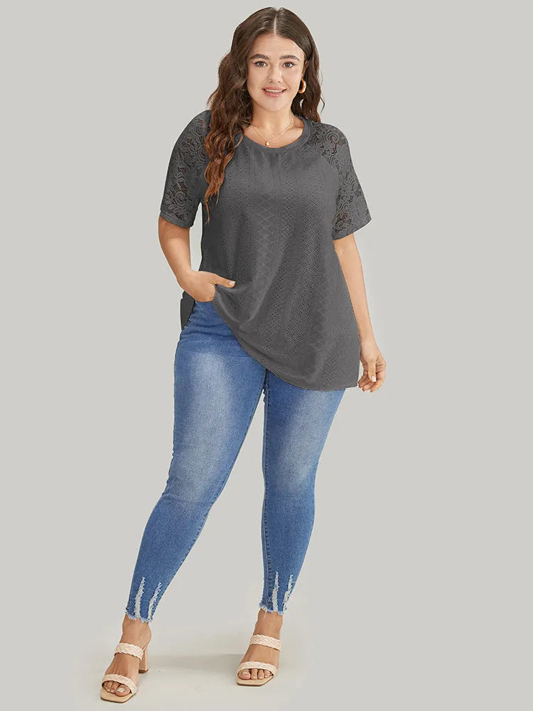 Solid Broderie Anglaise Lace Raglan Sleeve T-shirt