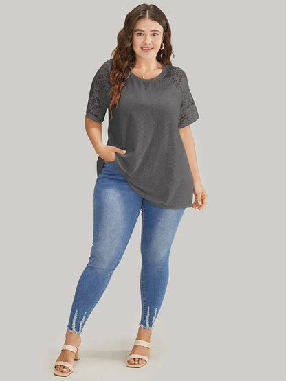Solid Broderie Anglaise Lace Raglan Sleeve T-shirt