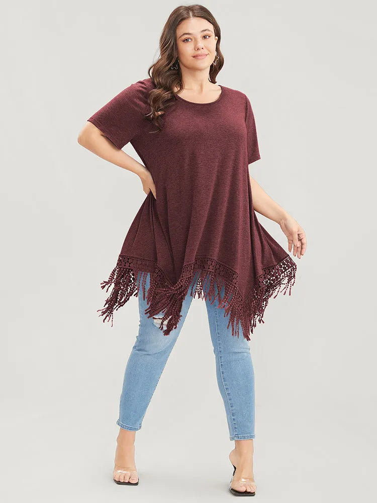 Solid Round Neck Lace Fringe Hem T-shirt