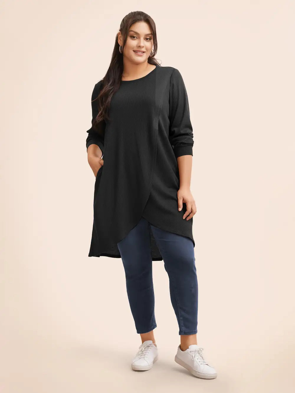 Solid Waffle Knit Overlap Hem T-Shirt